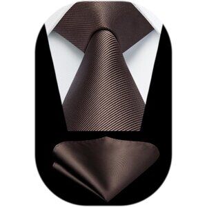 ✨Men Brown Formal Necktie Solid Pocket Square Set Satin Silk Handkerchiefs Set